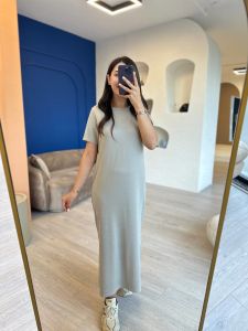 Yırtmaçlı Basic Modal Elbise Gri
