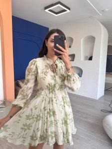 Krem Su Yeşil Desenli Modessa Elbise