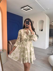 Krem Su Yeşil Desenli Modessa Elbise