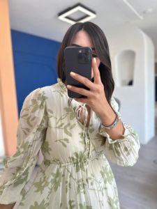Krem Su Yeşil Desenli Modessa Elbise