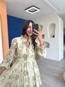 Krem Su Yeşil Desenli Modessa Elbise