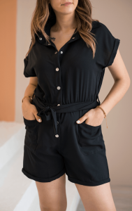 Linda Keten Beli Lastikli Şort Tulum Siyah