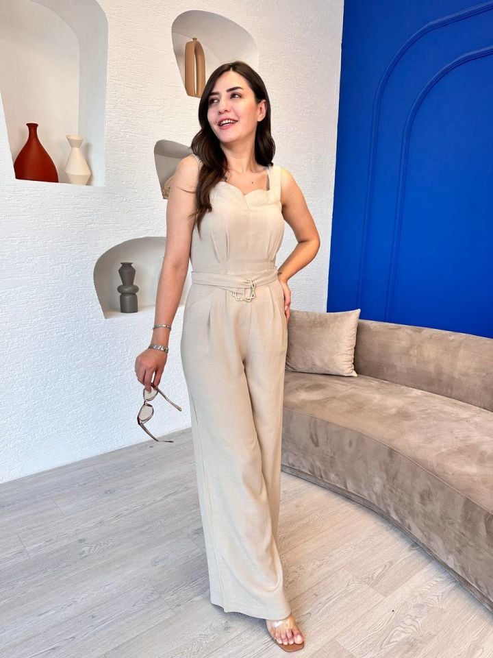Krem Kemer Detaylı Keten Tulum