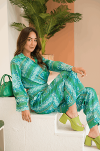Yeşil Tok Saten Desenli Crop Bluz Pantolon Takım