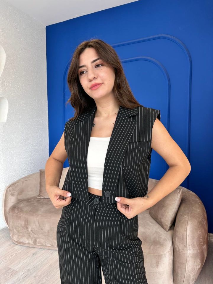 Siyah Keten Çizgili Pantolon Yelek Takım