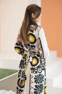 Krem Etnik Desenli Kimono Elbise