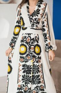 Krem Etnik Desenli Kimono Elbise
