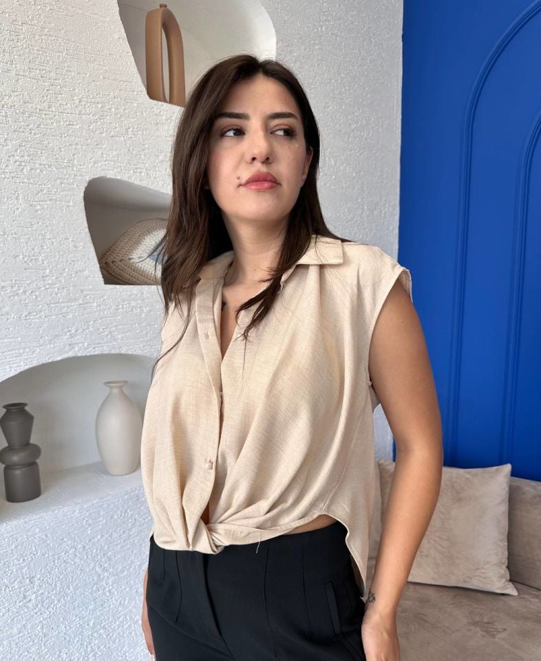 Krem Kendinden Bağlamalı Gömlek