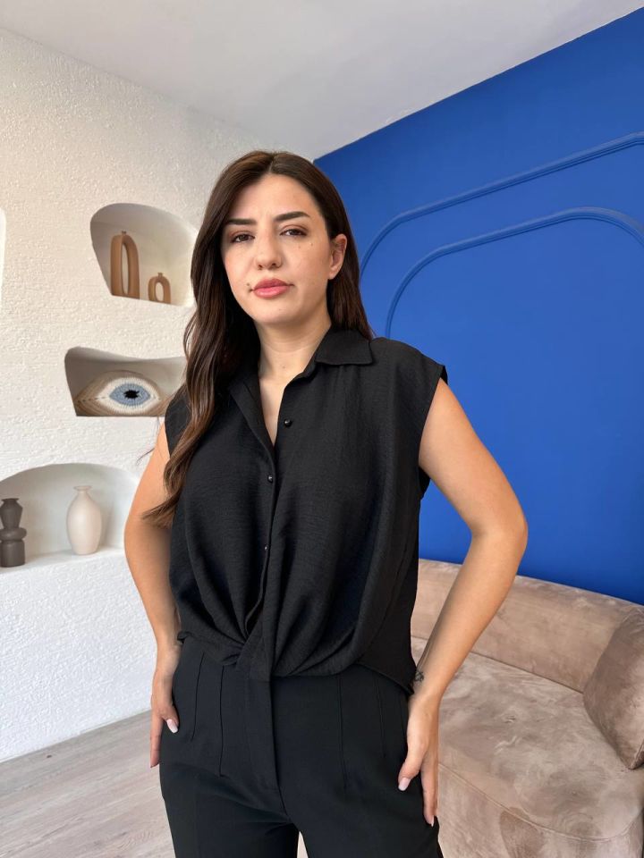 Siyah Kendinden Bağlamalı Gömlek