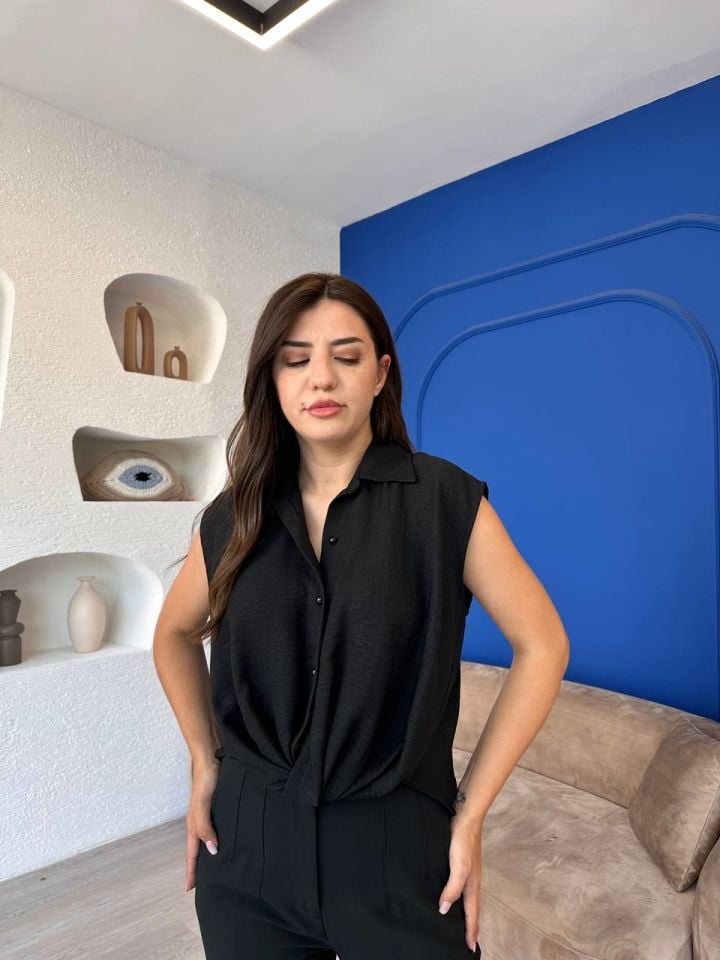 Siyah Kendinden Bağlamalı Gömlek