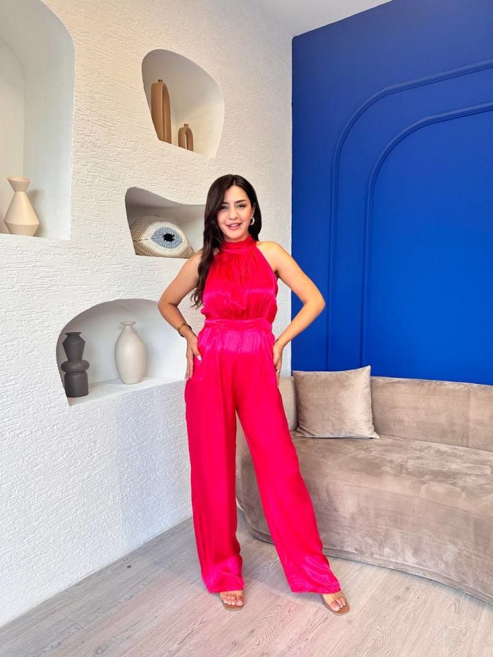 Tasarım Pembe Astarlı Halter İpekli Krep Şifon Tulum