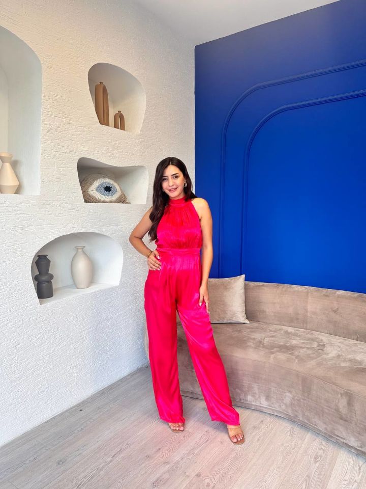 Tasarım Pembe Astarlı Halter İpekli Krep Şifon Tulum