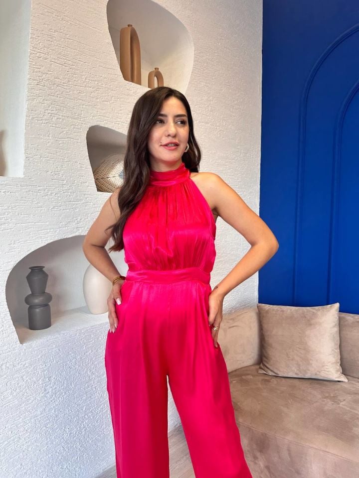Tasarım Pembe Astarlı Halter İpekli Krep Şifon Tulum