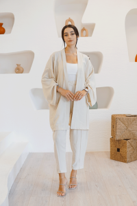 Krem Uzun Kollu Kimono Takım