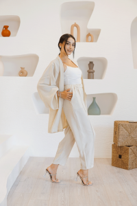 Krem Uzun Kollu Kimono Takım