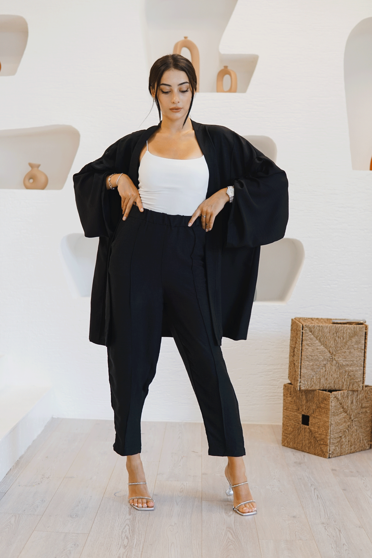 Siyah Uzun Kollu Kimono Takım