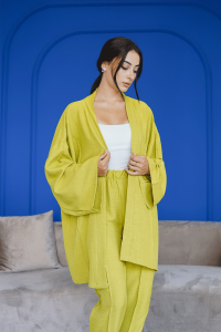 Fıstık Yeşili Uzun Kollu Kimono Takım