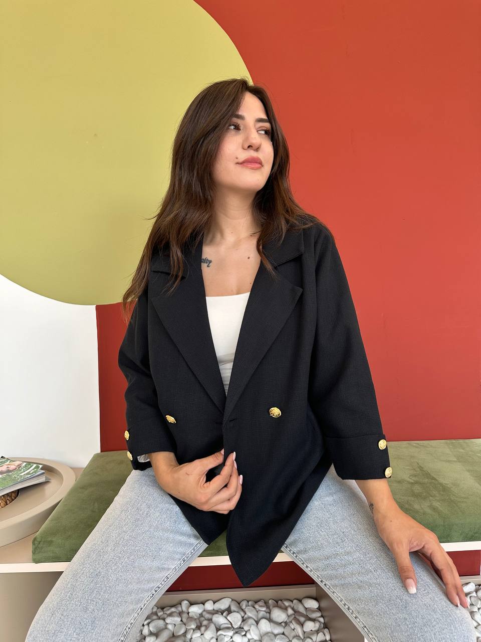 Siyah Oversize Gold Düğme Ceket