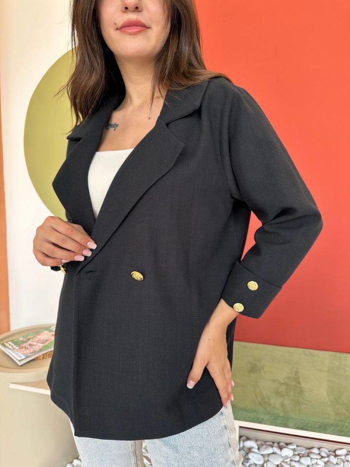 Siyah Oversize Gold Düğme Ceket