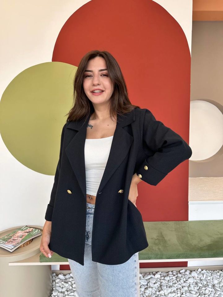 Siyah Oversize Gold Düğme Ceket