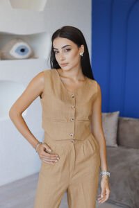 Vizon Düğme Detaylı Yelek Pantolon Keten Takım