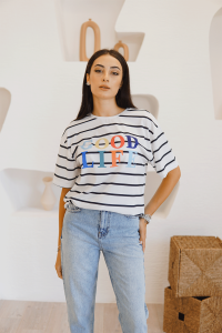 Beyaz Çizgi Baskılı T-Shirt