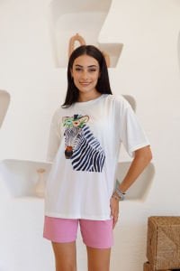 Beyaz Renkli Baskı Figürlü T-Shirt