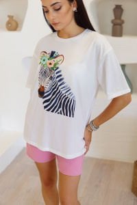 Beyaz Renkli Baskı Figürlü T-Shirt