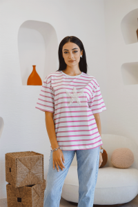 Beyaz Pembe Çizgili İnci Detaylı T-Shirt