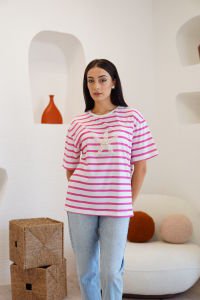 Beyaz Pembe Çizgili İnci Detaylı T-Shirt