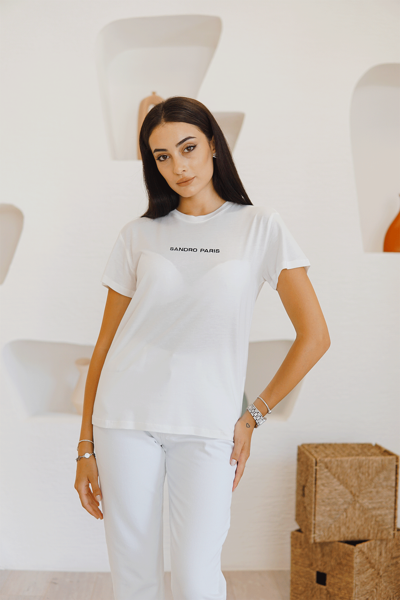 Beyaz Sandro Yazılı T-Shirt