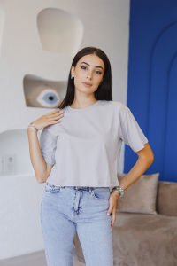 Gri Bol Kalıp Yarasa Kol T-Shirt