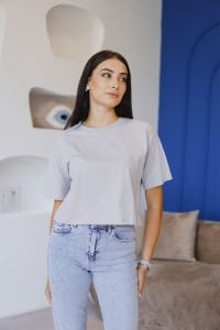 Gri Bol Kalıp Yarasa Kol T-Shirt