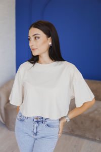 Krem Bol Kalıp Yarasa Kol T-Shirt