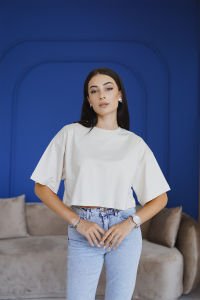 Krem Bol Kalıp Yarasa Kol T-Shirt