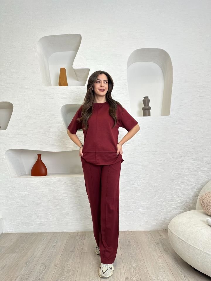 Modal Kumaş Kısa Kollu Likralı Rahat Günlük Ve Şık Alt - Üst Takım Eşofman Takım Bordo