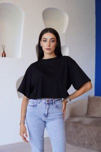 Siyah Bol Kalıp Yarasa Kol T-Shirt