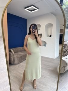 Su Yeşili Askılı Midi Elbise
