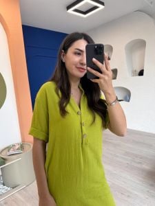 Yeşil Keten Ön ve Yan Düğmeli Elbise